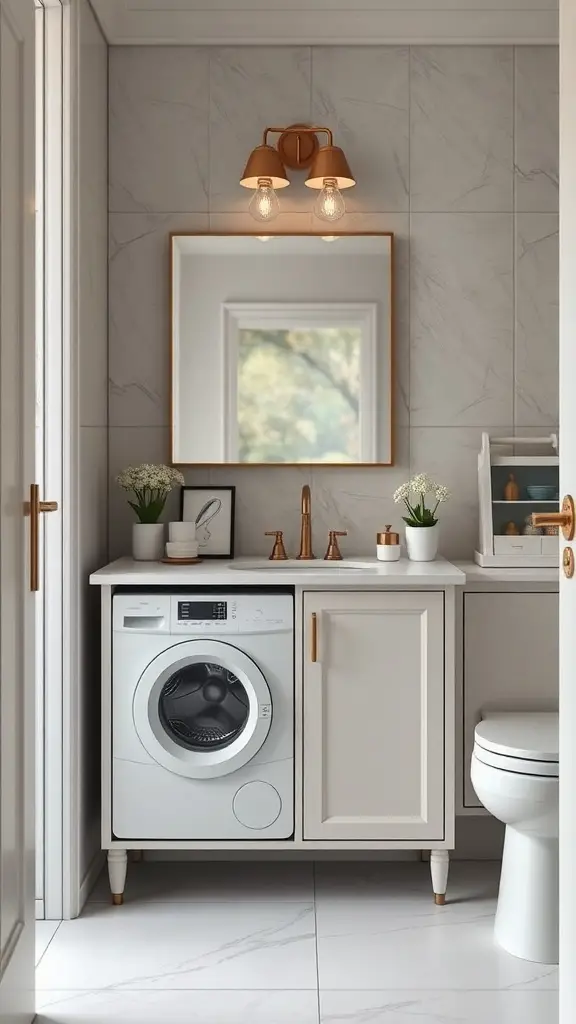 25+ Creative Bathroom Laundry Combo Ideas for Space-Saving Solutions 3 A bathroom with a laundry combo featuring a washing machine integrated into a vanity unit, stylish lighting, and decorative plants.