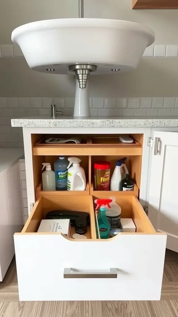 29+ Creative Bathroom Under Sink Organization Ideas You Need to Try 9 Organized pull-out drawers under a bathroom sink with cleaning supplies and toiletries.
