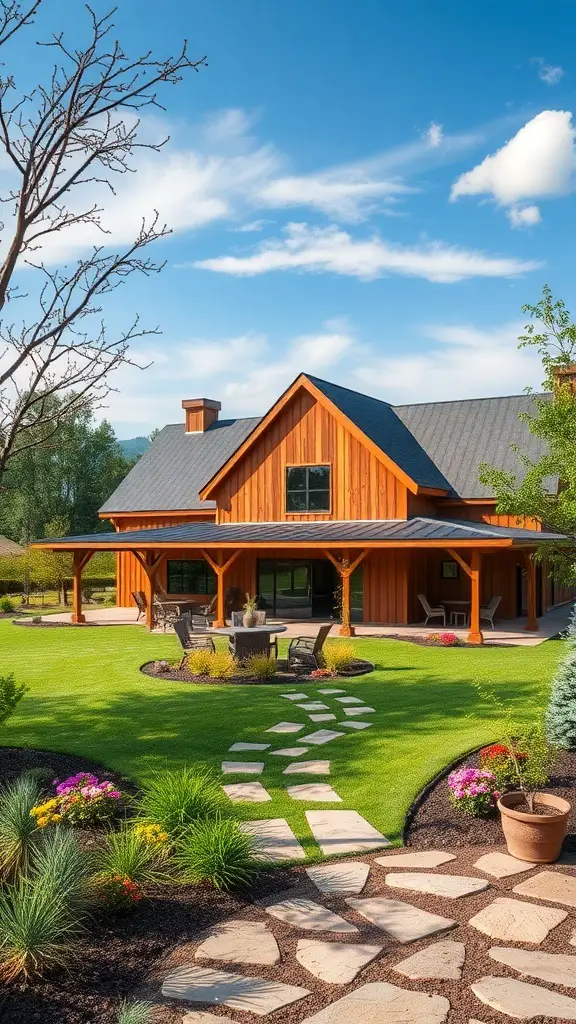 27+ Stunning Barndominium Exterior Ideas to Inspire Your Dream Home 16 A barndominium with a landscaped outdoor space featuring a stone pathway, seating area, and colorful flowers.