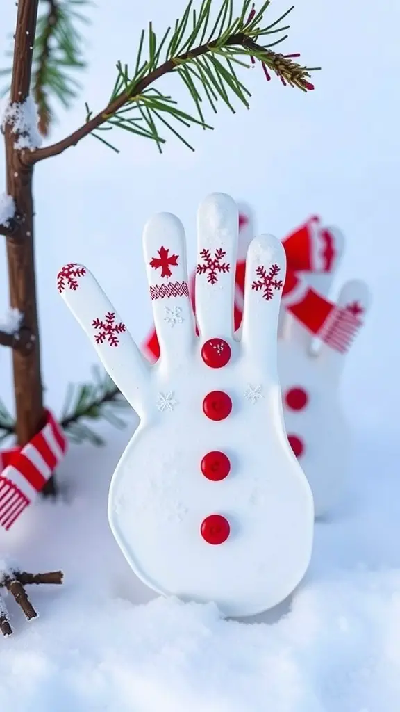 Handprint snowman keepsakes decorated with buttons and patterns in snow