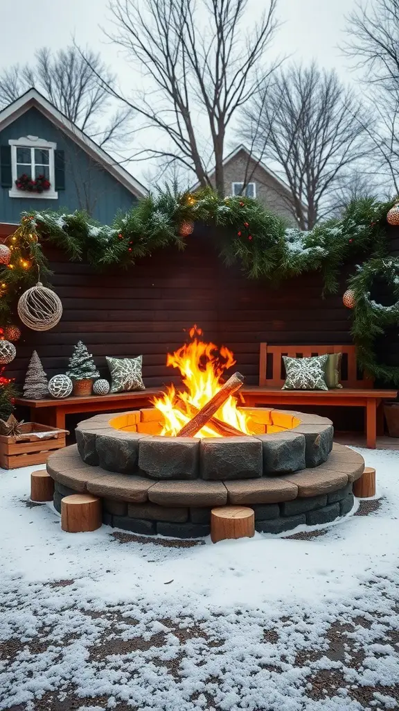 A cozy fire pit surrounded by festive decorations, including garlands and snow, creating a warm holiday atmosphere.