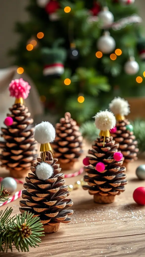 Pine cone Christmas trees decorated with colorful pom-poms and set against a festive background