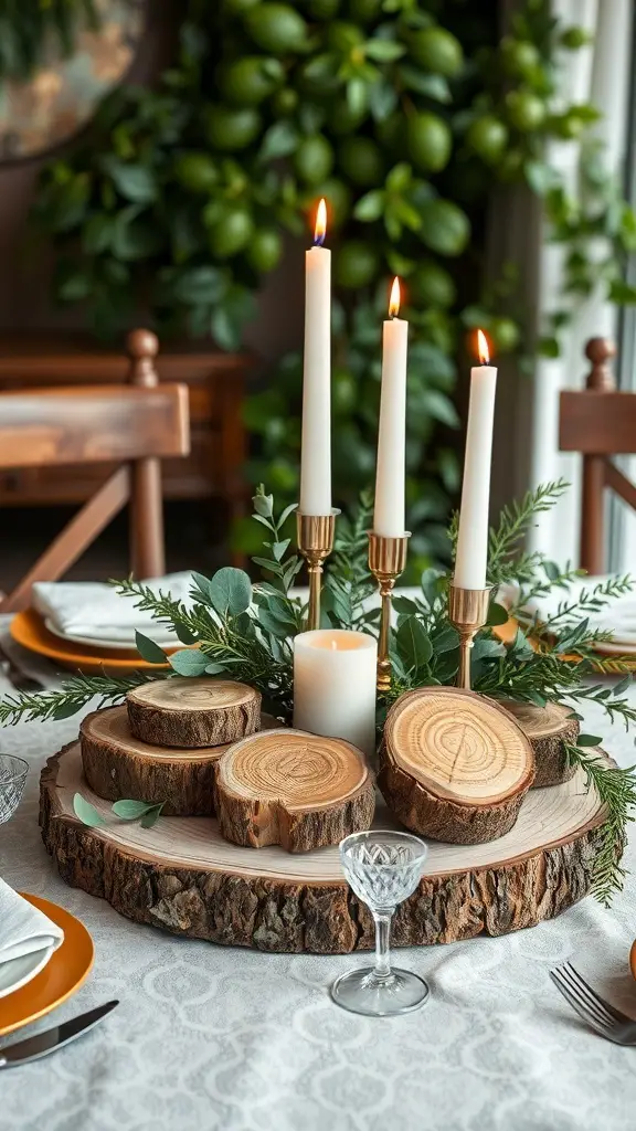 Natural wood slice table centerpiece with candles and greenery