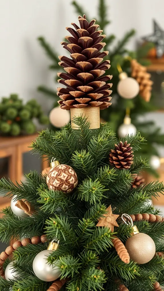 23+ Stunning Christmas Tree Topper Ideas to Inspire Your Holiday Decor 4 A pinecone tree topper on a Christmas tree surrounded by ornaments.