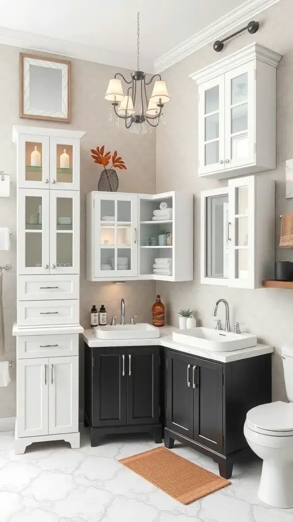 25+ Stylish Bathroom Corner Cabinets for Every Space 14 Stylish bathroom with white and black corner cabinets