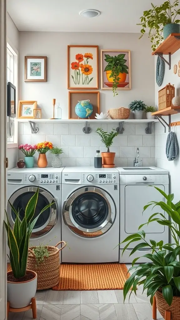 A small laundry room featuring colorful artwork, potted plants, and a cozy orange rug.