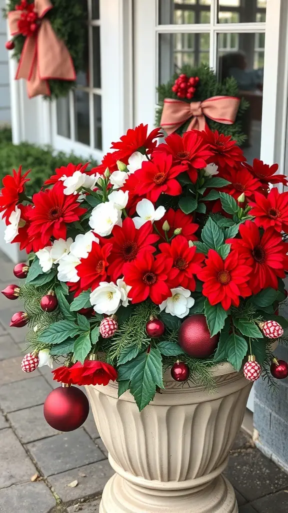 A festive outdoor planter filled with red and white flowers, decorated with red ornaments and greenery.