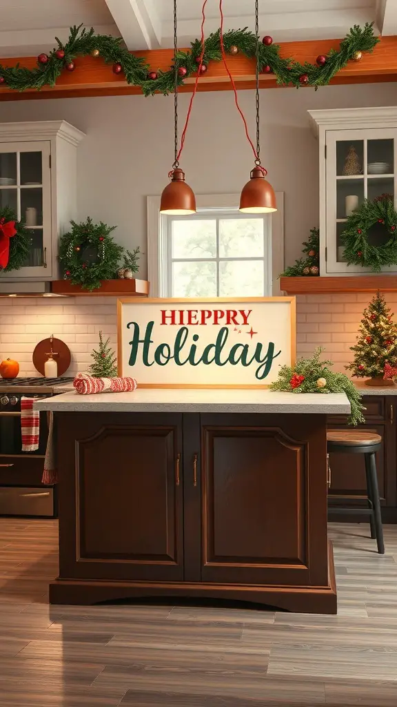 A kitchen island decorated with a 'Happy Holiday' sign, surrounded by festive greenery and ornaments.