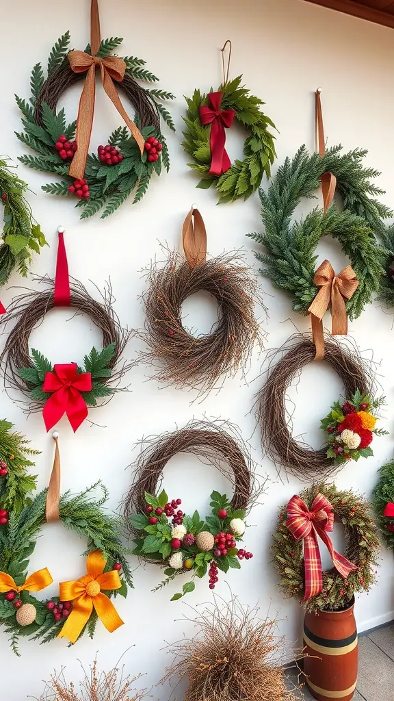A collection of seasonal grapevine wreaths displayed on a wall, featuring various decorations for different holidays.