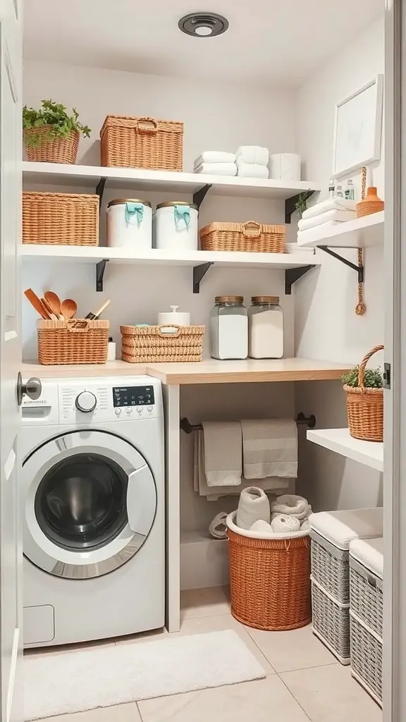 A small, organized laundry room featuring shelves with baskets, neatly folded towels, and a washing machine.