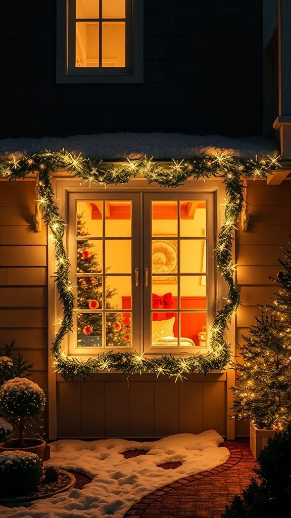 A beautifully decorated window frame with lights and greenery, showcasing a cozy interior during the Christmas season.