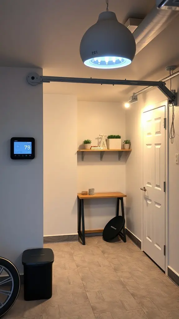 27+ Inspiring Small Garage Apartment Ideas for Cozy Living 14 A small garage apartment entryway featuring a smart thermostat and overhead lighting.