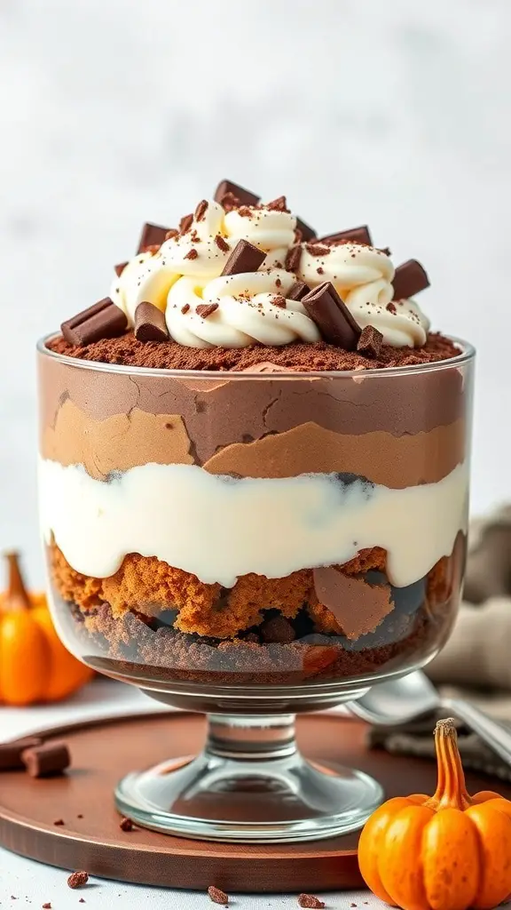 25+ Delicious Thanksgiving Desserts Perfect for a Crowd 6 A delicious Chocolate Pumpkin Trifle with layers of chocolate mousse, pumpkin filling, and whipped cream, topped with chocolate shavings.