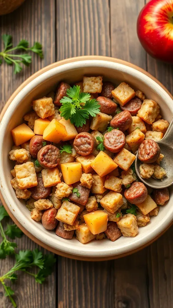 25+ Delicious Thanksgiving Dinner Ideas You Need to Try 4 A bowl of savory stuffing with sausage and apples, garnished with fresh herbs.