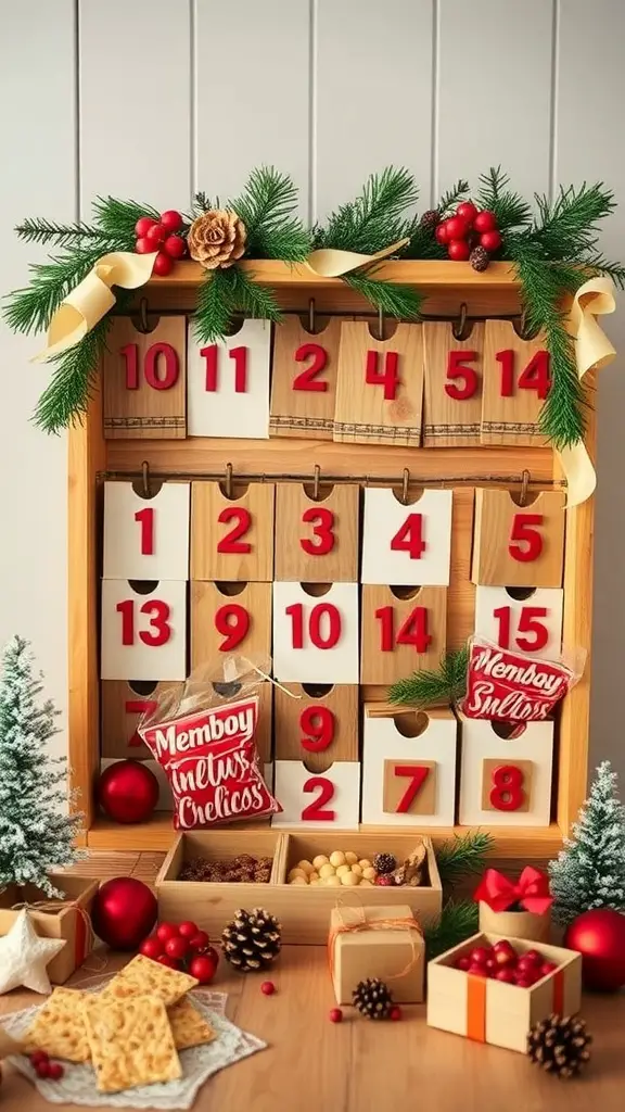 A rustic advent calendar made of wood with numbered drawers, decorated with greenery and red berries.