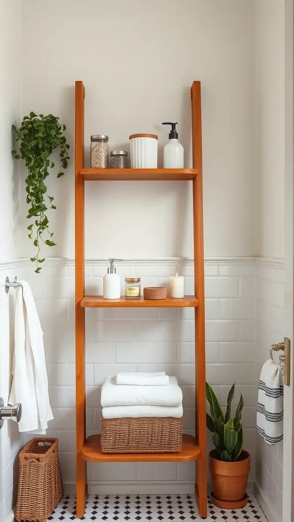 A wooden ladder shelf displaying bath essentials, towels, and a plant in a bathroom.