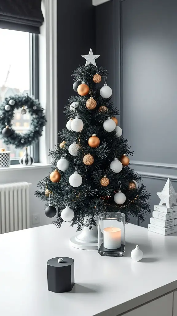 27+ Adorable Tabletop Christmas Tree Ideas for Your Holiday Decor 16 A chic black and white tabletop Christmas tree with gold accents, surrounded by modern decor.