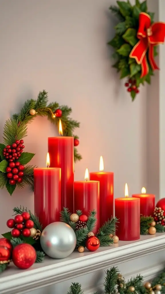 A festive arrangement of red candles surrounded by greenery and ornaments on a shelf.