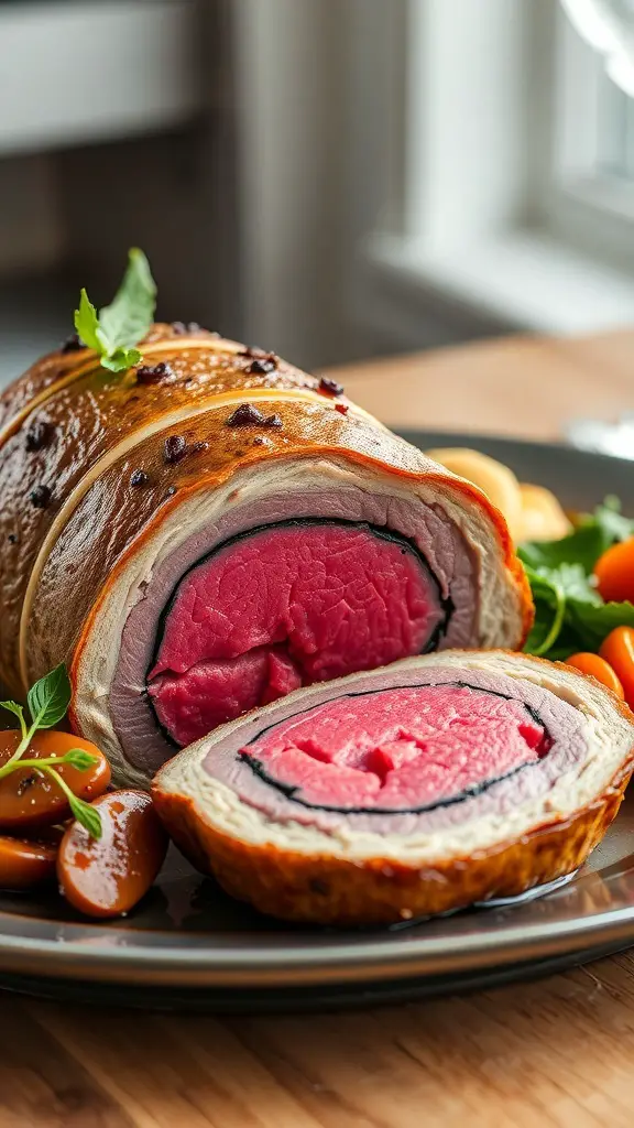 25+ Must-Have Dishes for Your Christmas Dinner Buffet 13 A beautifully sliced Beef Wellington showcasing its juicy pink interior and flaky pastry, surrounded by colorful vegetables.