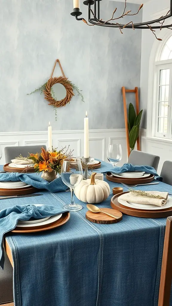 A denim-inspired Thanksgiving table setting featuring a blue tablecloth, wooden plates, and a rustic centerpiece.