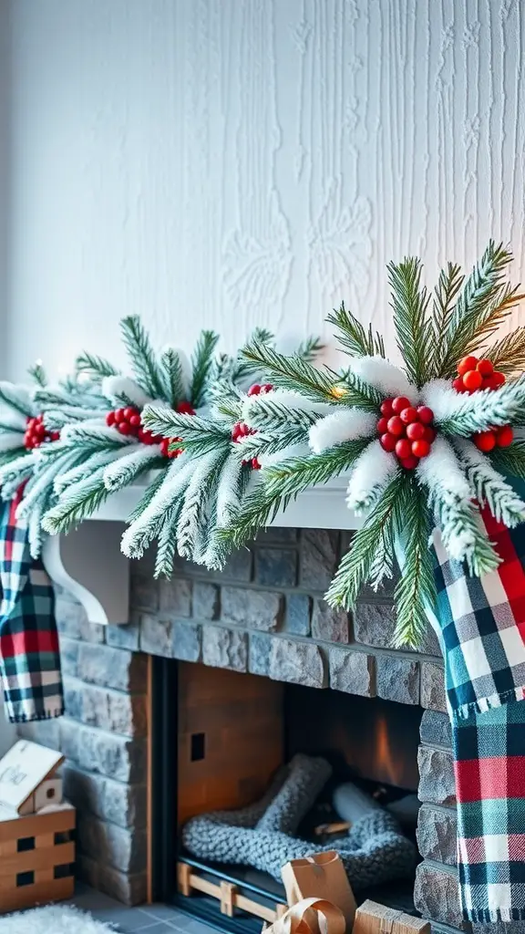 A beautifully decorated fireplace mantle with frosted pine garland and red berry accents.