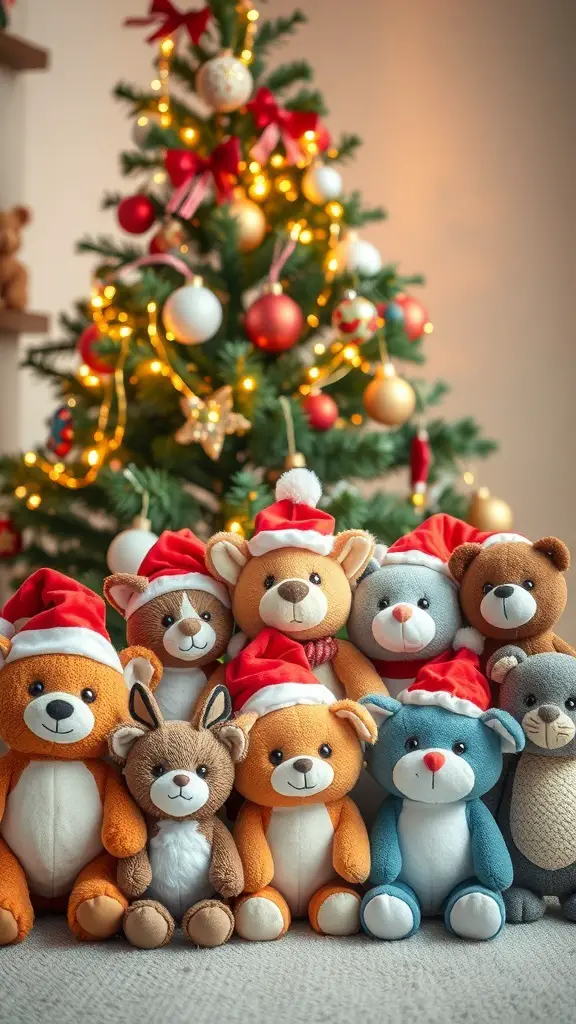 29+ Creative Christmas Stocking Ideas to Delight Everyone 14 A collection of cute animal plushies wearing Santa hats, arranged in front of a decorated Christmas tree.