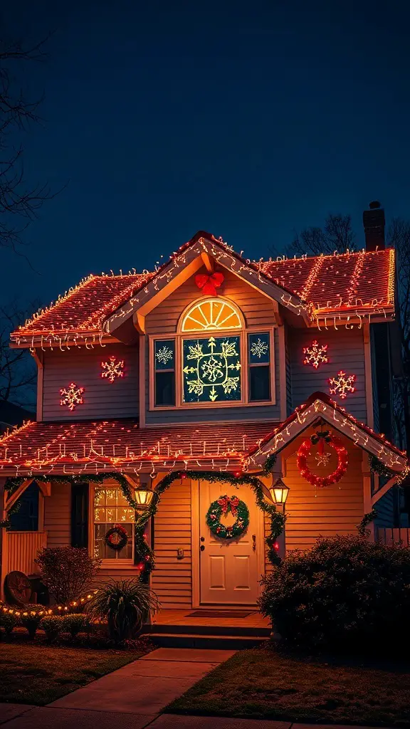 27+ Stunning Roof Christmas Light Ideas to Brighten Your Holidays 6 A house decorated with Christmas lights on the roof and festive decorations around the door.