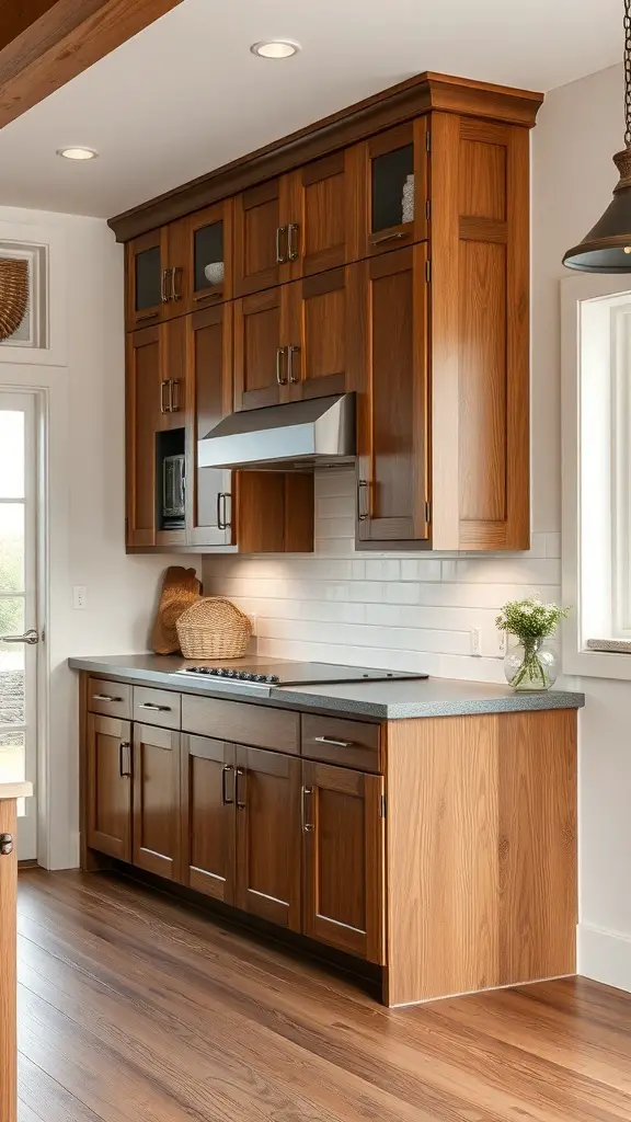 29+ Stunning Barndominium Kitchen Ideas You’ll Love 9 A barndominium kitchen featuring custom wooden cabinetry with glass panels and a sleek countertop.