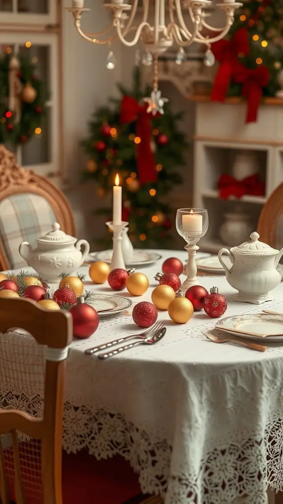 A vintage holiday tablescape featuring a lace tablecloth, white porcelain dishes, and colorful ornaments.