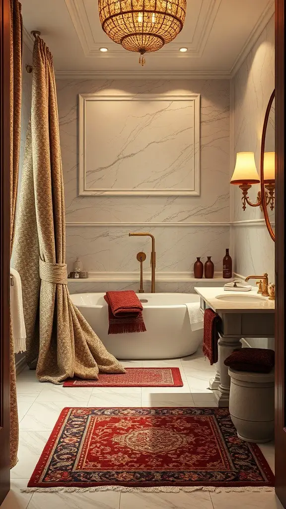 29+ Stunning Guest Bathroom Ideas to Elevate Your Space 5 Luxurious guest bathroom featuring rich textures and fabrics.