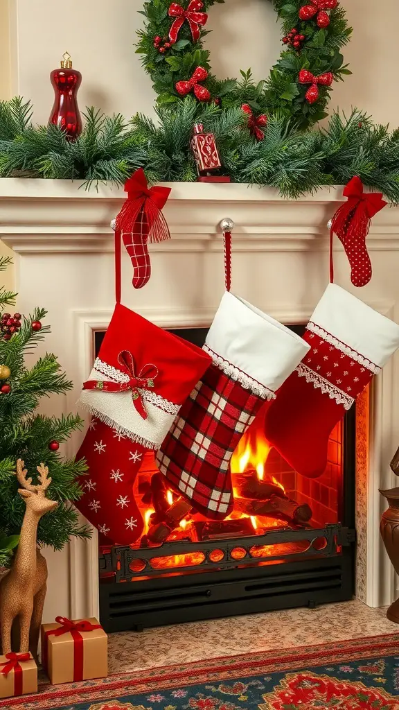 A cozy fireplace with red and white Christmas stockings hanging, surrounded by festive decorations.