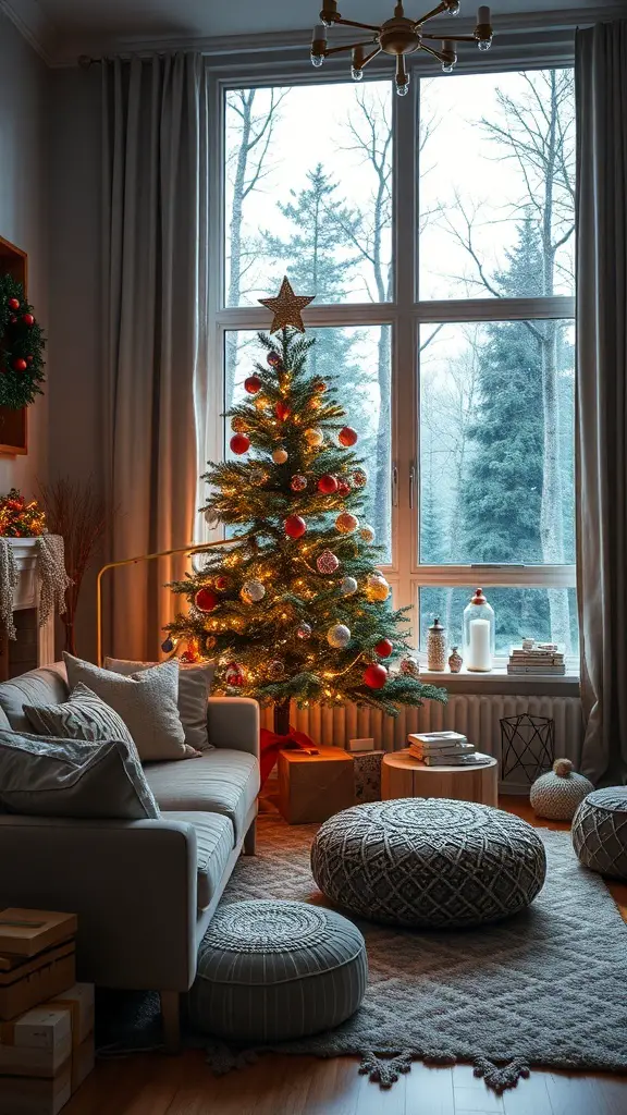 A cozy living room with a decorated Christmas tree, comfortable seating, and a view of a snowy forest outside.