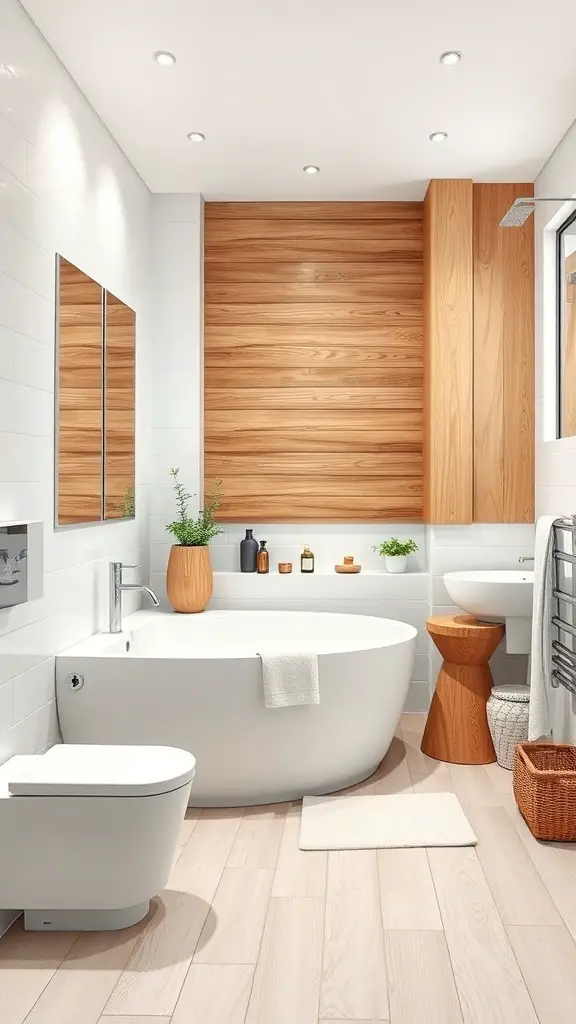 25+ Chic White Bathroom Ideas for a Timeless Look 8 A modern bathroom featuring white fixtures and warm wooden accents, creating a cozy and inviting atmosphere.