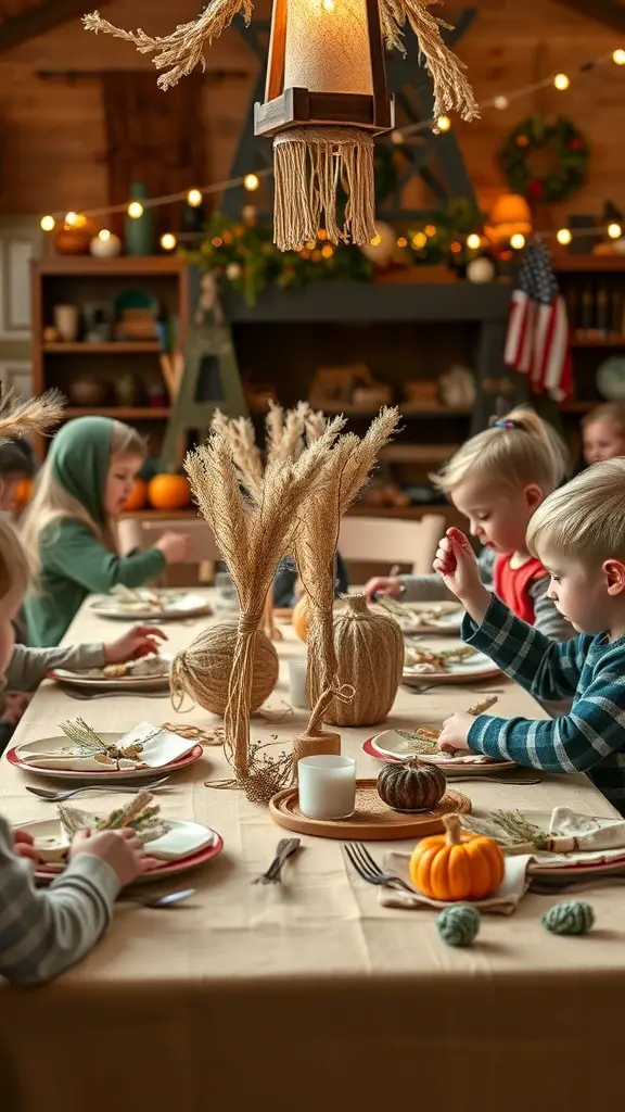 Children crafting colonial decorations at a festive table