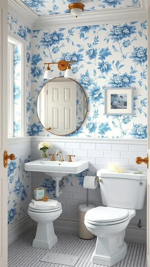 29+ Stunning Blue Bathroom Ideas You’ll Love 16 A bathroom featuring blue floral wallpaper, a white sink, and gold accents.