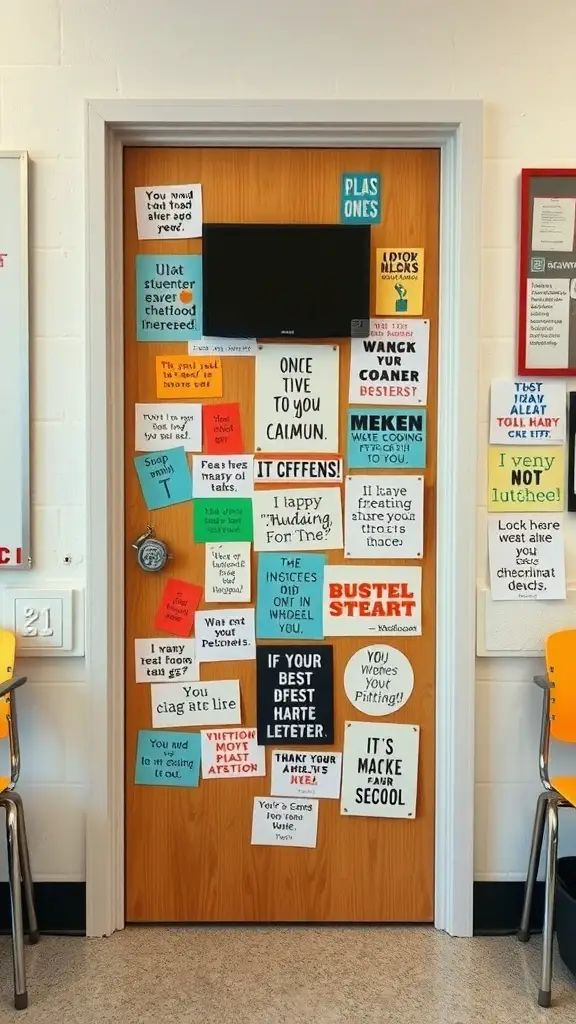 A classroom door decorated with colorful quotes and messages, creating an inspiring atmosphere.