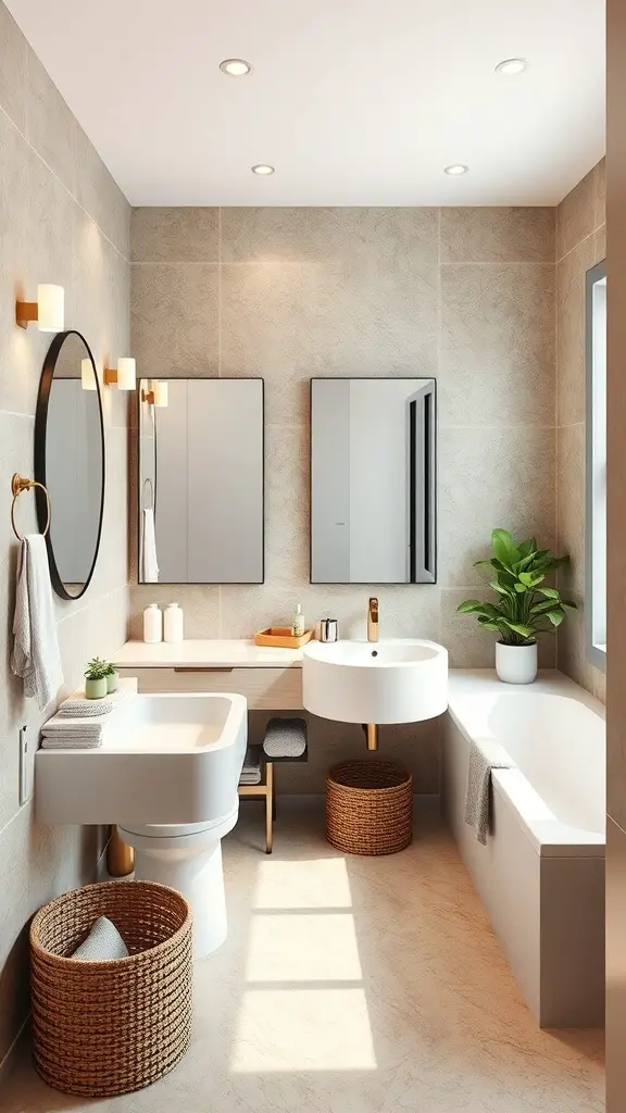 23+ Stylish Bathroom Double Sink Ideas to Enhance Your Space 11 Modern bathroom with a customized double sink, round sink design, natural light, and woven baskets.