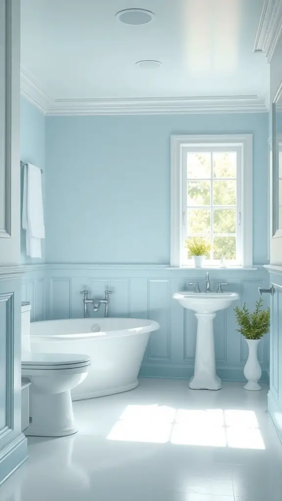 27+ Stunning Bathroom Paint Colors to Transform Your Space 5 A serene bathroom painted in sky blue with white fixtures and natural light.