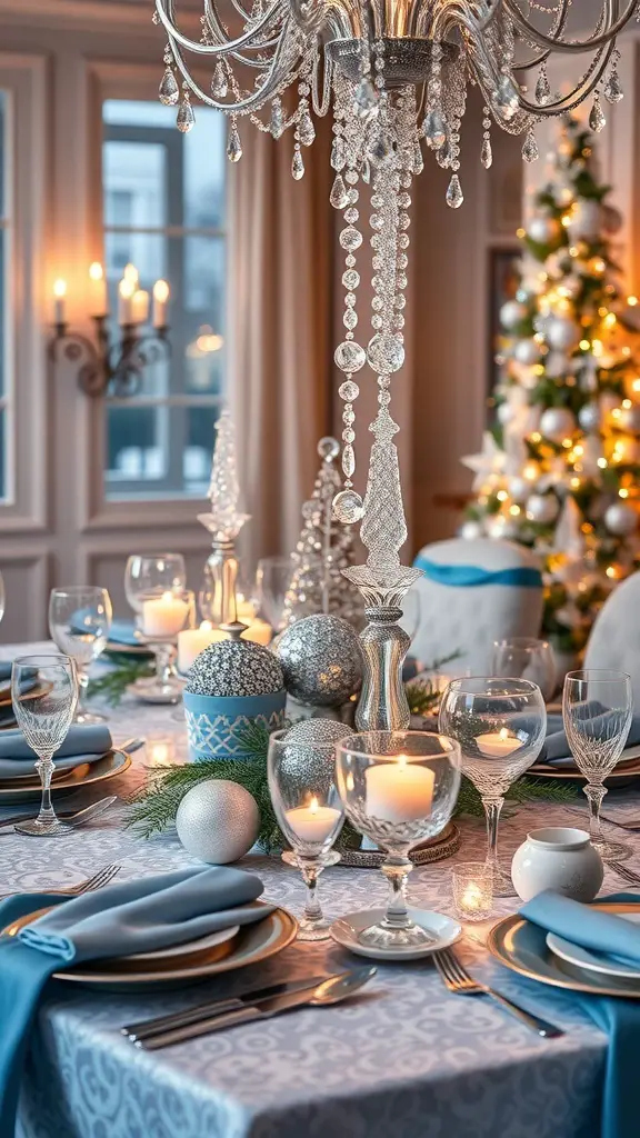 A beautifully decorated Christmas table featuring silver and blue elements, with a chandelier and a Christmas tree in the background.