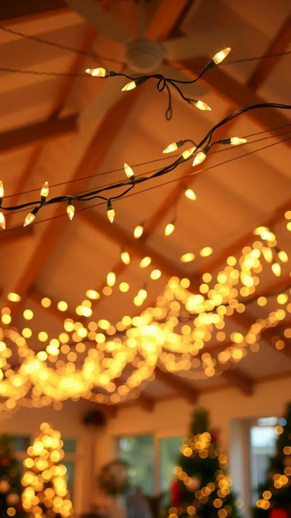 29+ Creative Christmas Ceiling Decoration Ideas to Festively Transform Your Home 8 Twinkling fairy lights hanging from a ceiling, creating a warm festive atmosphere.