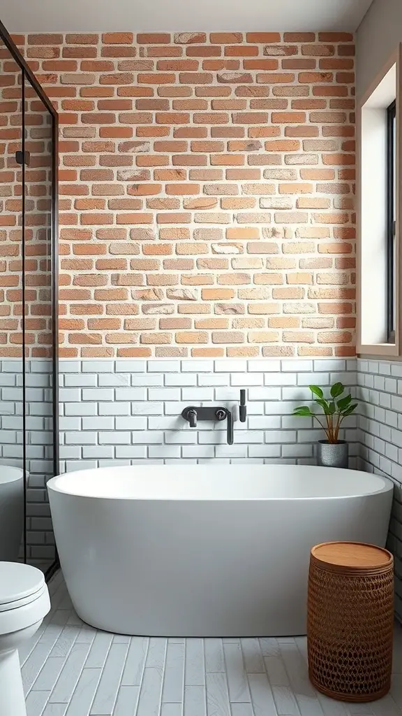 23+ Stunning Bathroom Brick Wall Accent Ideas You Need to Try 7 A bathroom featuring a brick wall and subway tile accents, with a freestanding tub and modern fixtures.