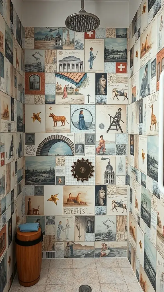 27+ Stunning Shower Tile Ideas to Transform Your Bathroom 15 Shower with custom artwork tiles featuring various illustrations and historical scenes.