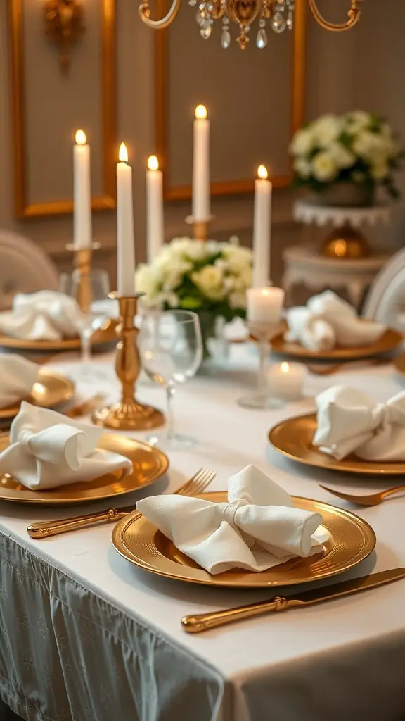 A beautifully arranged table setting featuring gold plates, white napkins, and candles, creating an elegant atmosphere.