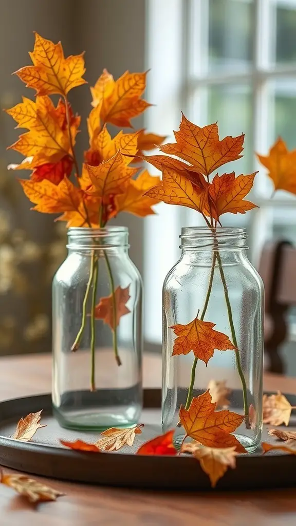 Two vintage jars filled with autumn leaves on a tray.