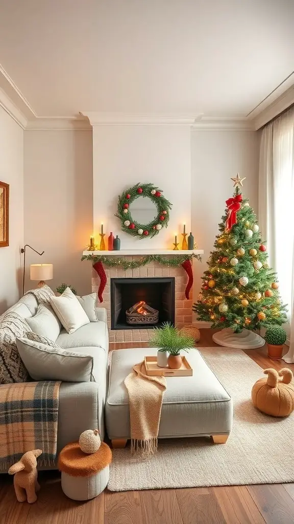 A cozy living room decorated for Christmas with a neutral color palette, featuring a Christmas tree, wreath, and soft textiles.