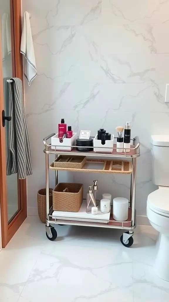 25+ Clever Hidden Storage Ideas for Your Bathroom 15 A stylish rolling cart in a bathroom, organized with beauty products and storage baskets.