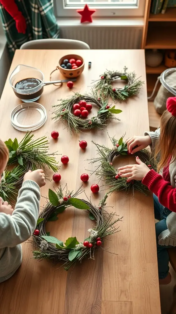 Children making wreaths with natural materials on a wooden table.