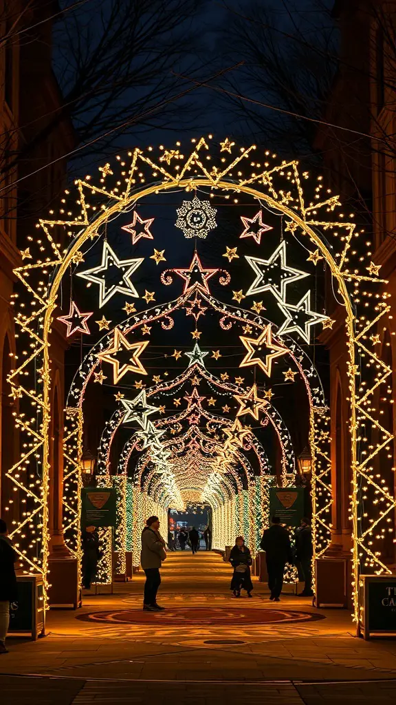 A beautifully lit archway decorated with stars and string lights, creating a festive indoor atmosphere.
