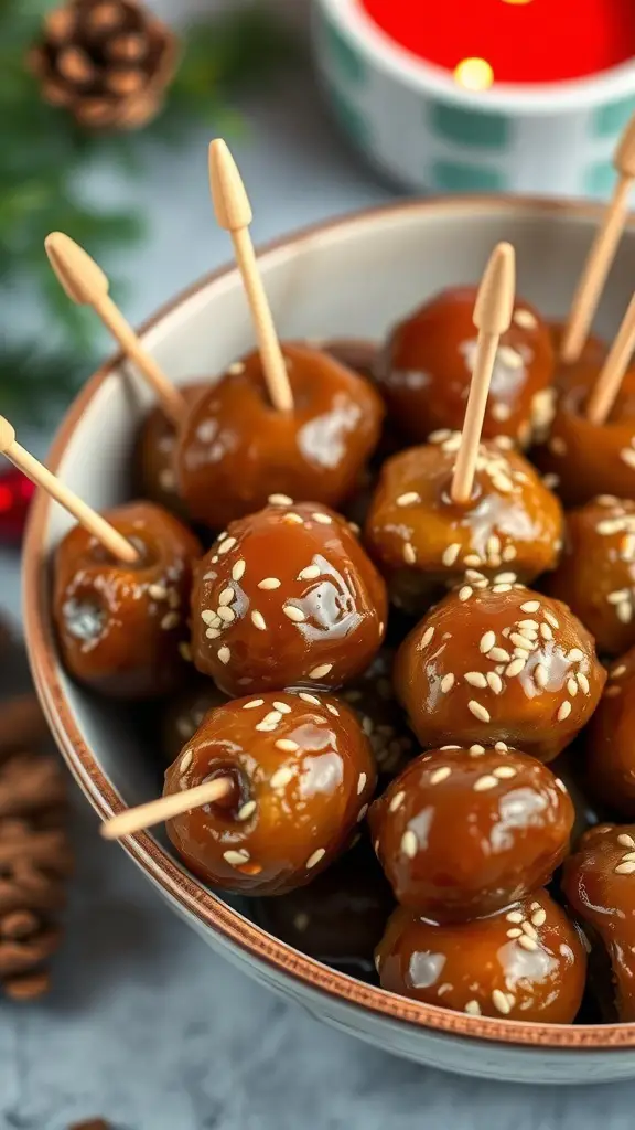 A bowl of honey glazed meatballs with toothpicks, garnished with sesame seeds.