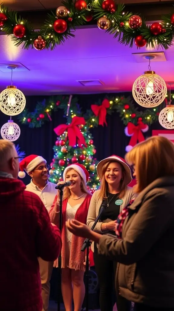 27+ Creative Christmas Party Ideas for Adults 16 A festive Christmas karaoke night with friends singing and celebrating